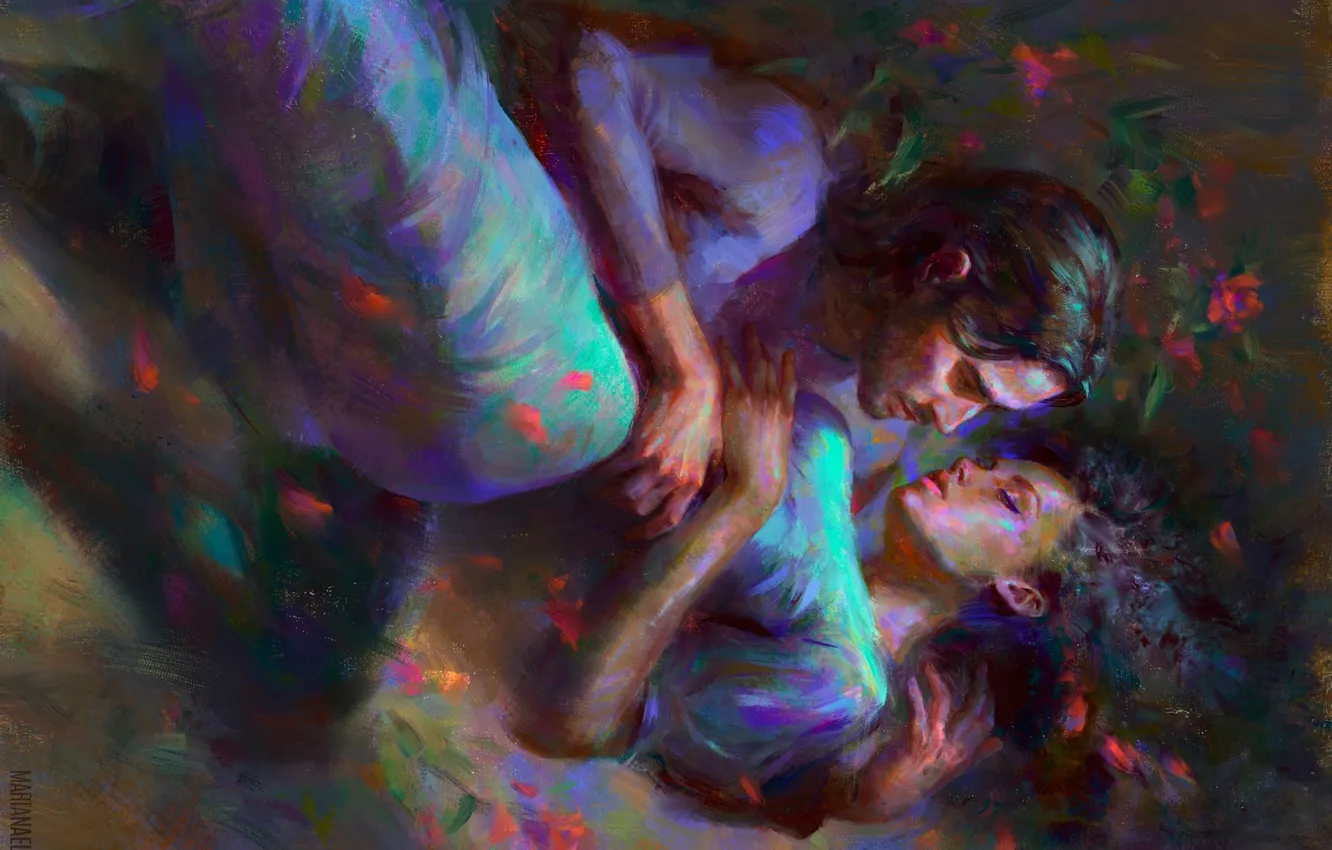 Фото обои любовь, отношения, мужчина и женщина, почти поцелуй, держит на руках, розовые кусты, by Marta Nael