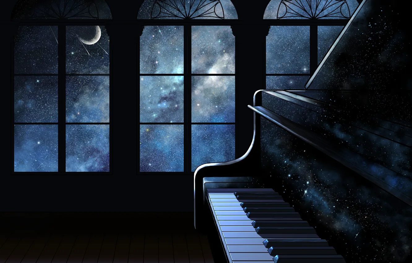 Фото обои космос, интерьер, пианино