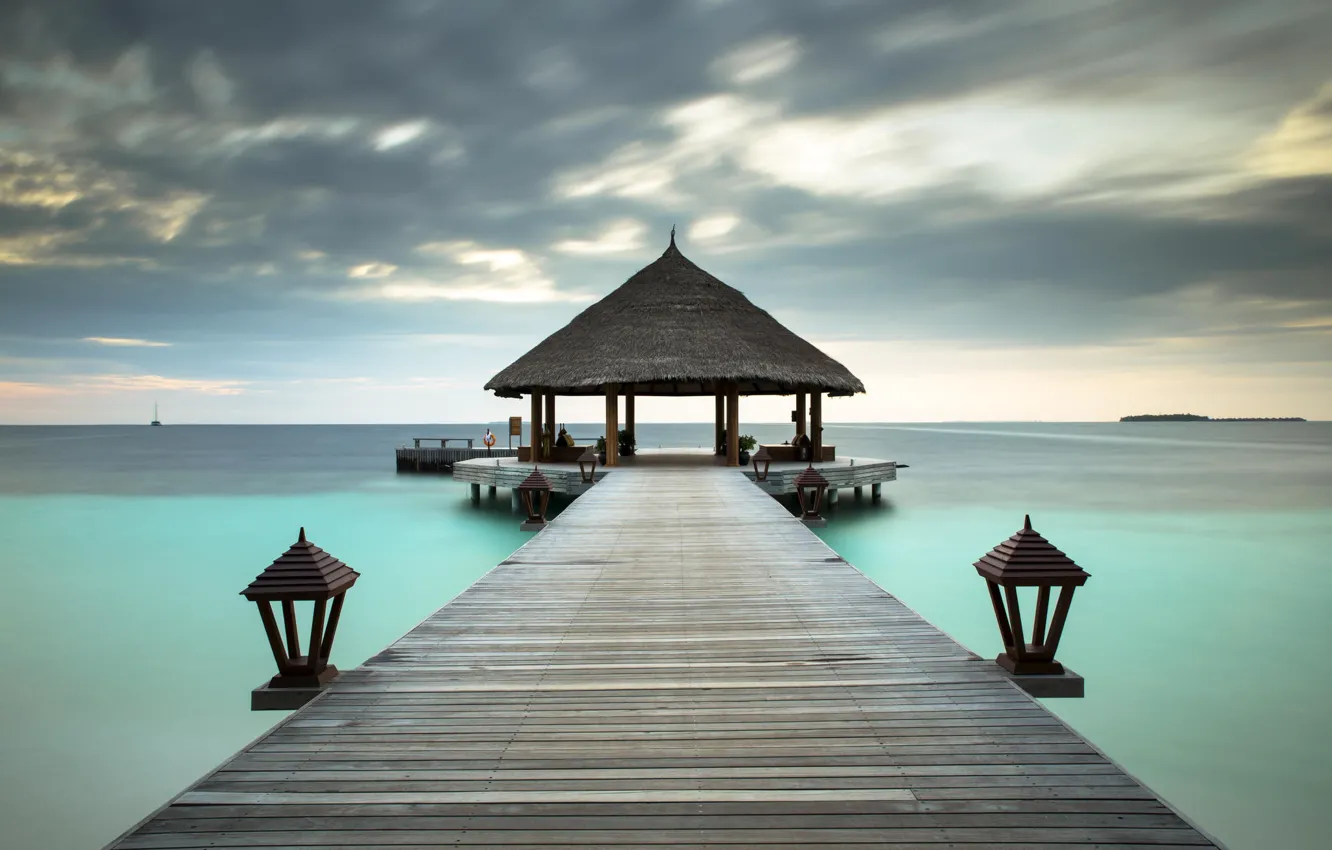 Фото обои океан, берег, пирс, Мальдивы, курорт, бунгало