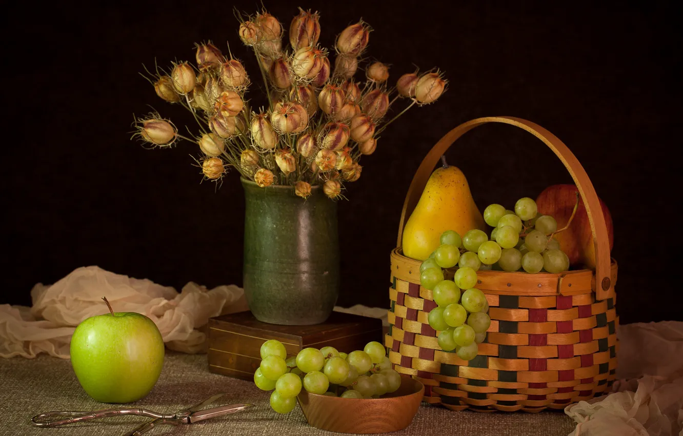 Фото обои цветы, яблоко, букет, виноград, натюрморт, корзинка