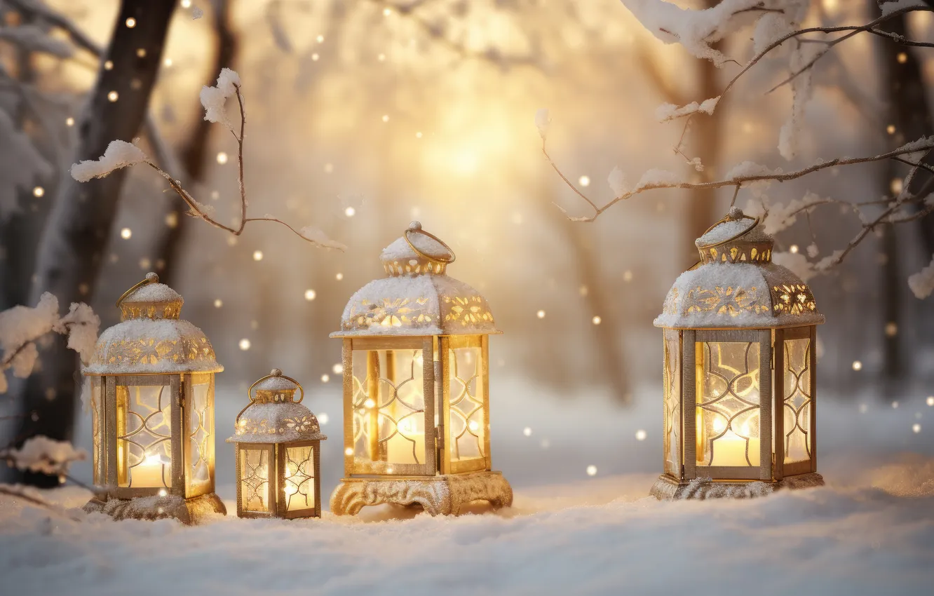 Фото обои зима, снег, ночь, парк, фонари, christmas, night, park
