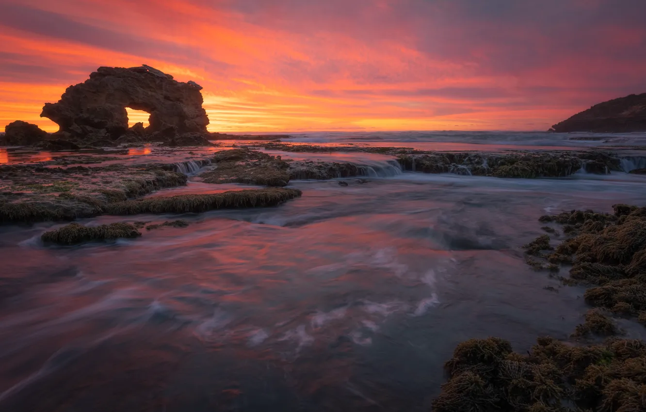 Фото обои море, закат, скалы, берег