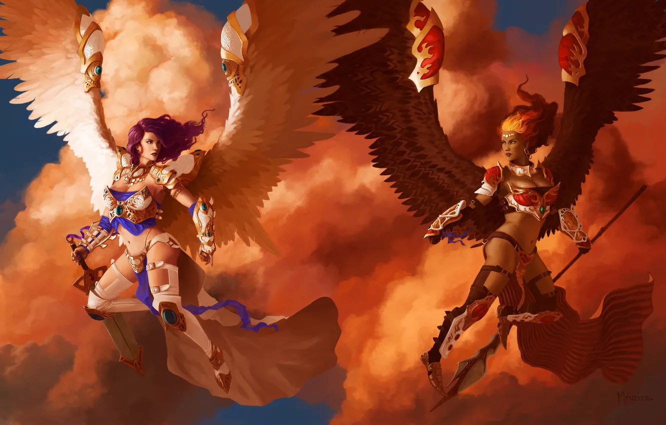 Фото обои облака, оружие, девушки, крылья, ангел, арт, Magic: The Gathering, Francisco Méndez