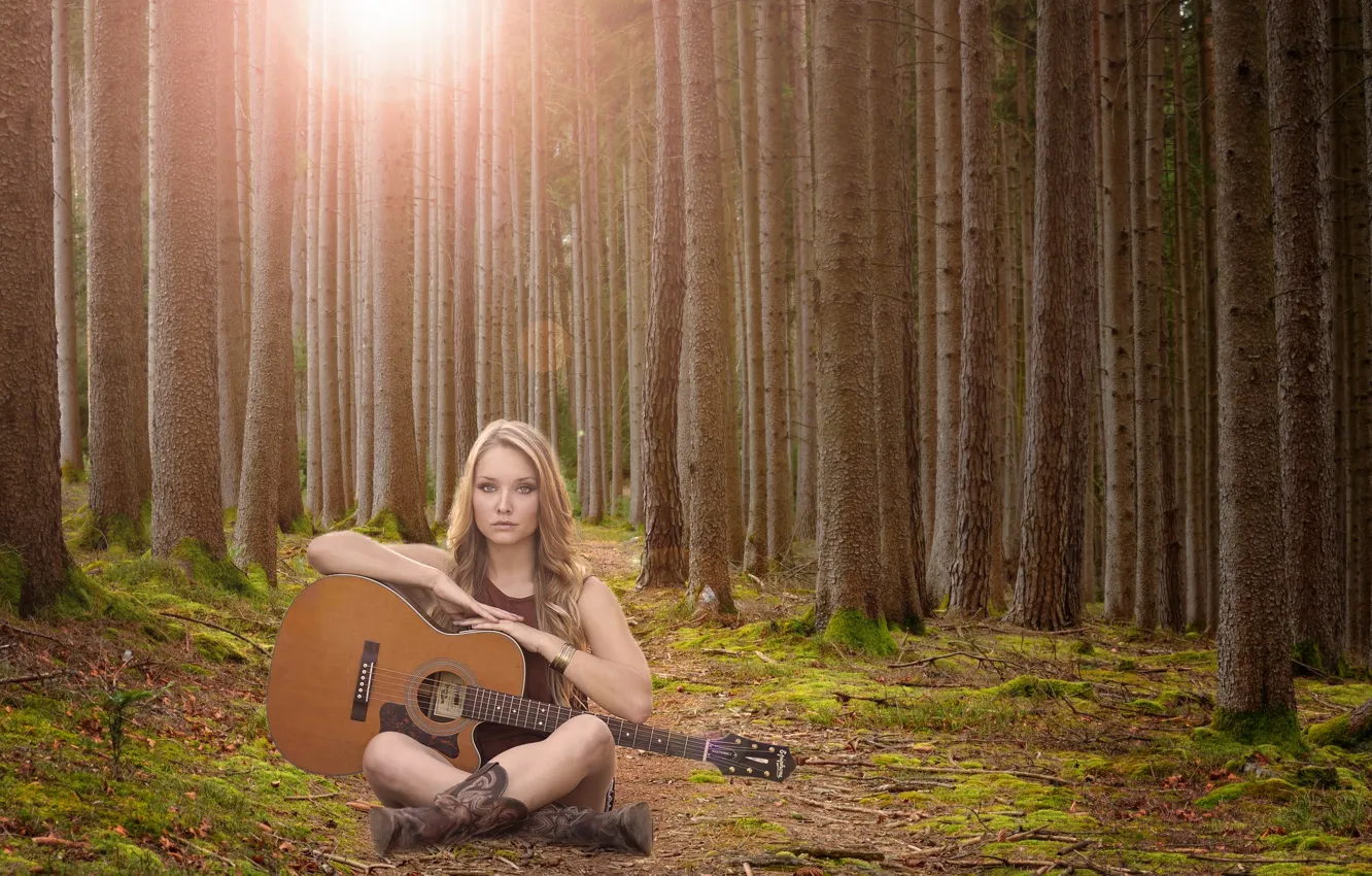 Фото обои лес, девушка, гитара
