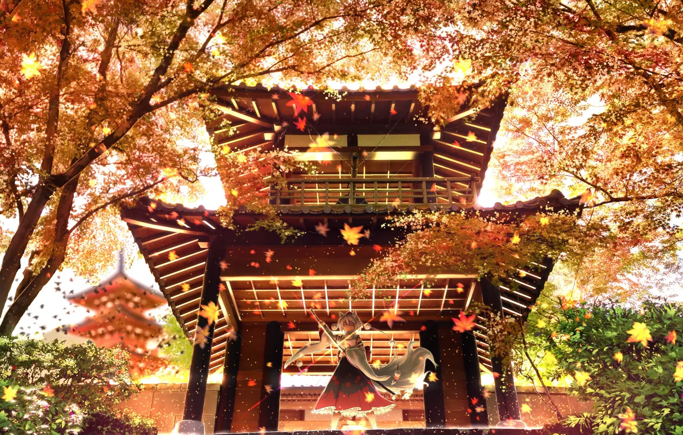 Фото обои осень, девушка, храм, ушки, Inubashiri Momiji, Tohou Project