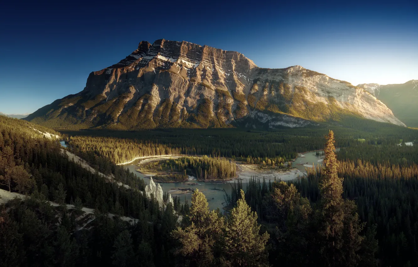 Фото обои лес, свет, река, гора, Канада, леса