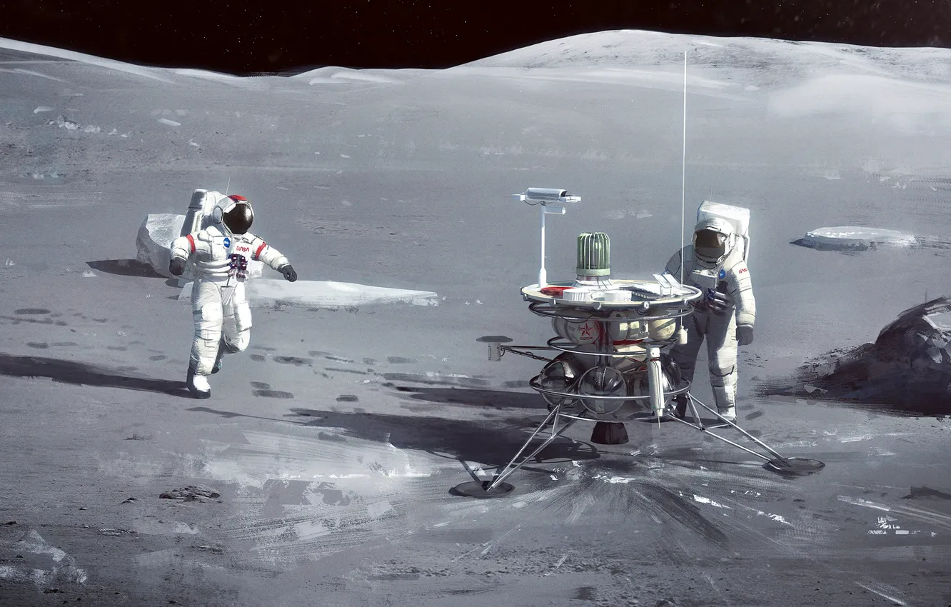 Фото обои поверхность, планета, космонавты, аппарат, Lunar Investigation
