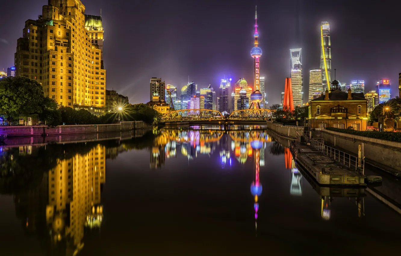 Фото обои мост, город, огни, China, здания, Китай, Shanghai, Шанхай