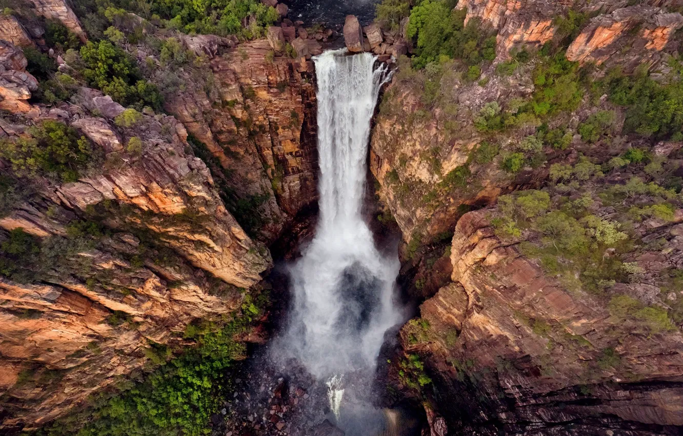 Фото обои скала, обрыв, водопад, вид сверху