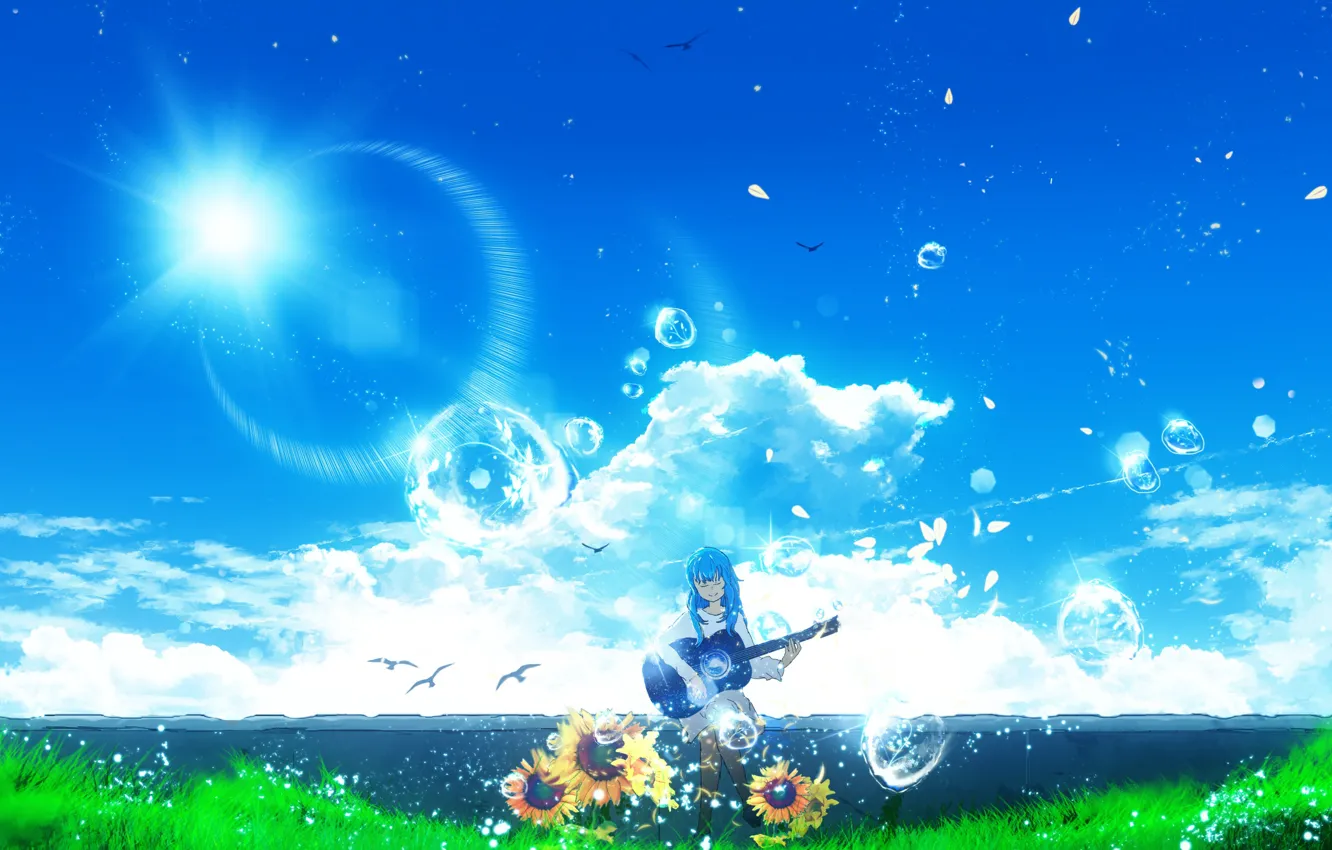 Фото обои лето, девушка, цветы, пузыри, гитара, Y_Y