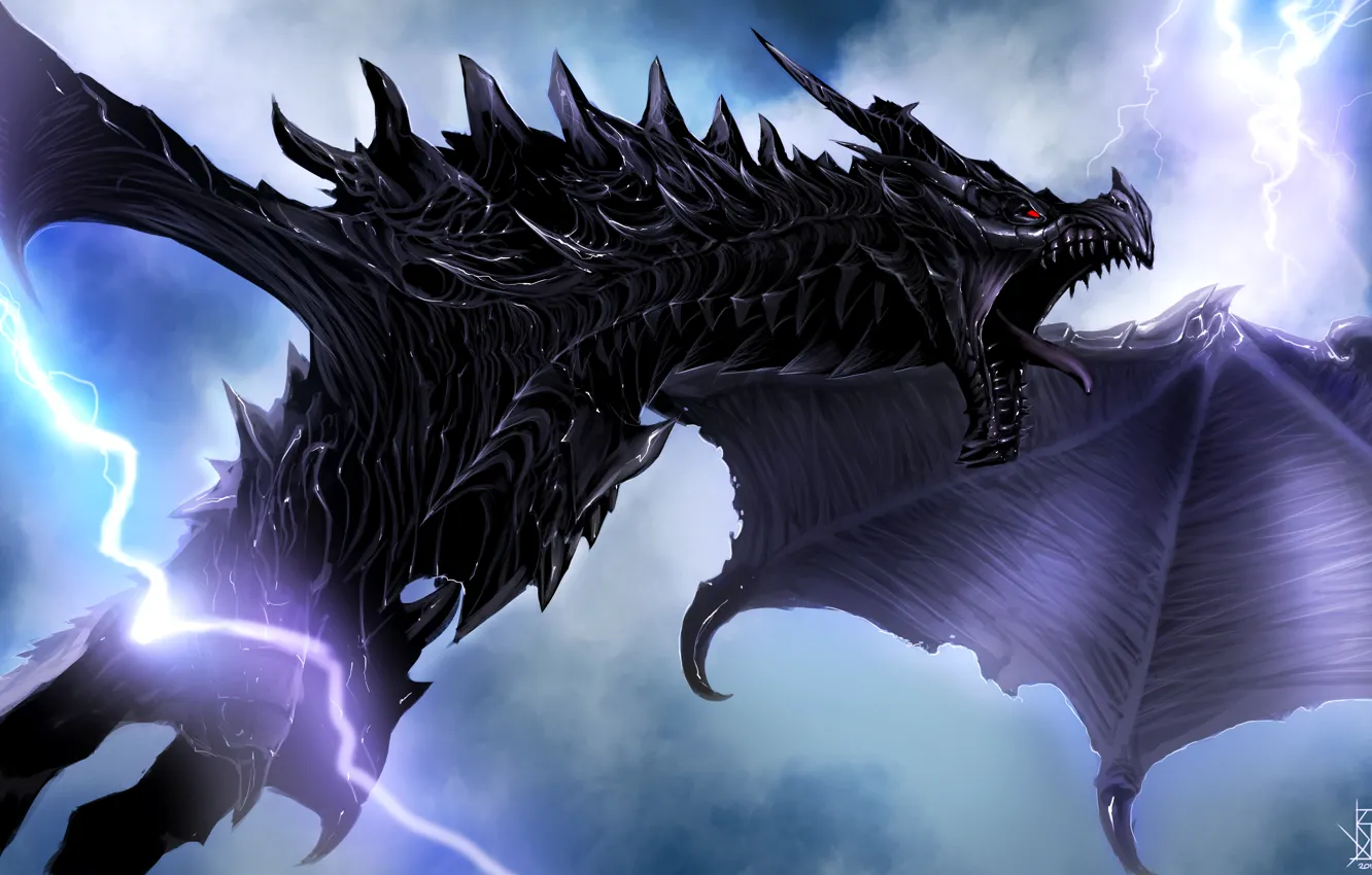 Фото обои молнии, дракон, крылья, полёт, art, Skyrim, The Elder Scrolls V, by TheRisingSoul