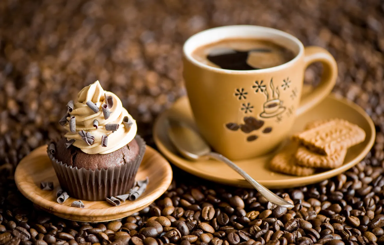 Фото обои кофе, печенье, кружка, кофейные зёрна, кексик