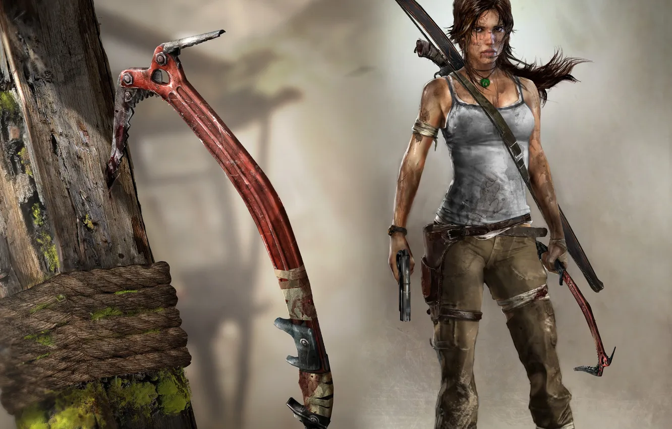 Фото обои пистолет, лук, Лара Крофт, tomb raider, героиня, Lara Croft, ледоруб