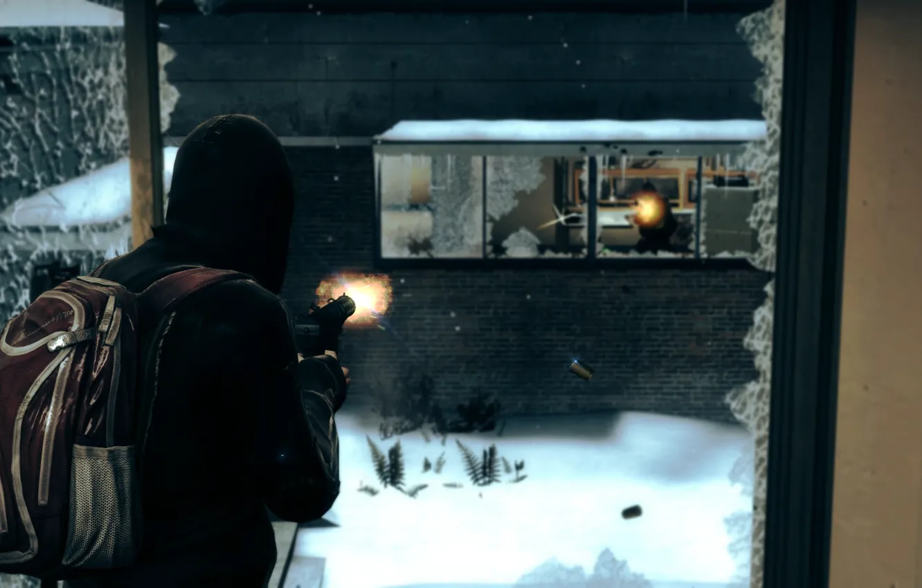 Фото обои зима, снег, пистолет, оружие, огонь, черный, окно, офис