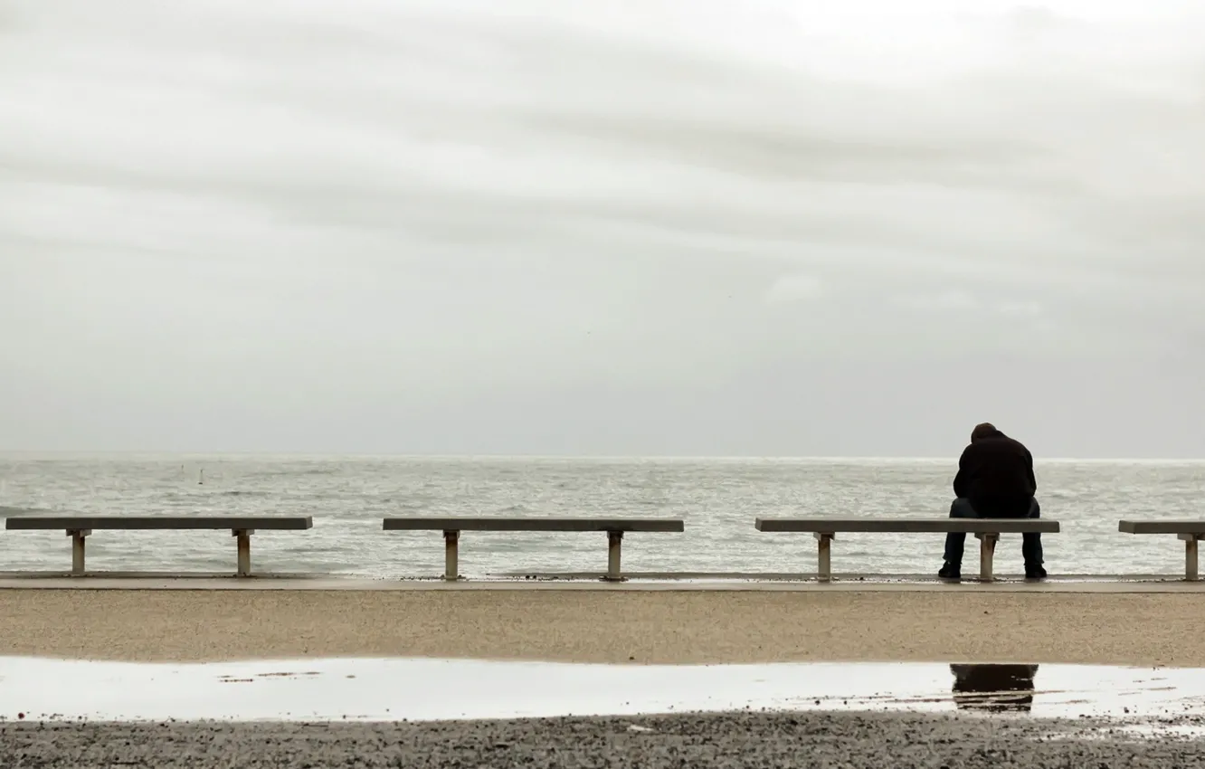 Фото обои море, одиночество, настроение, человек, скамья