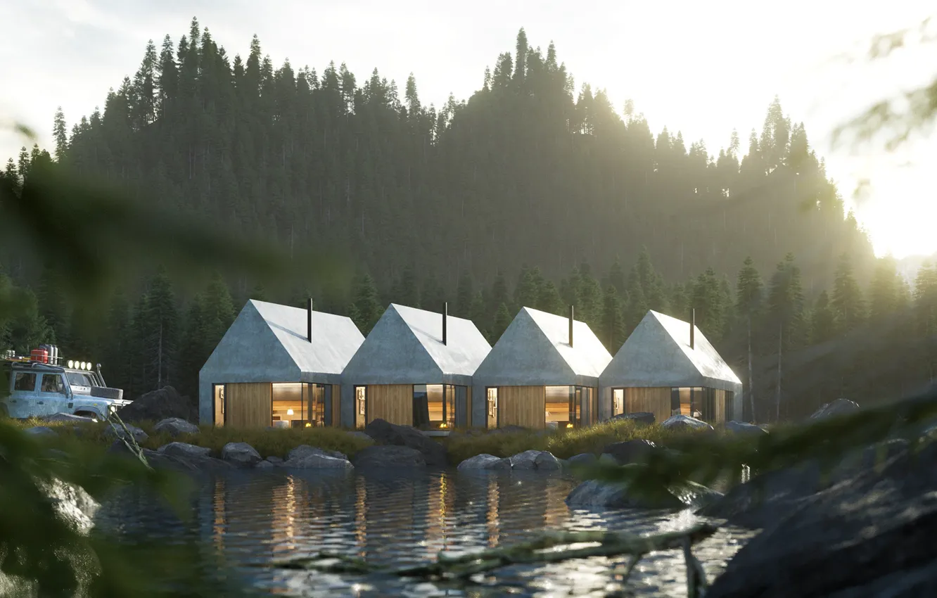 Фото обои лес, домики, водоём, комплекс, The concept of a mini hotel in the forest