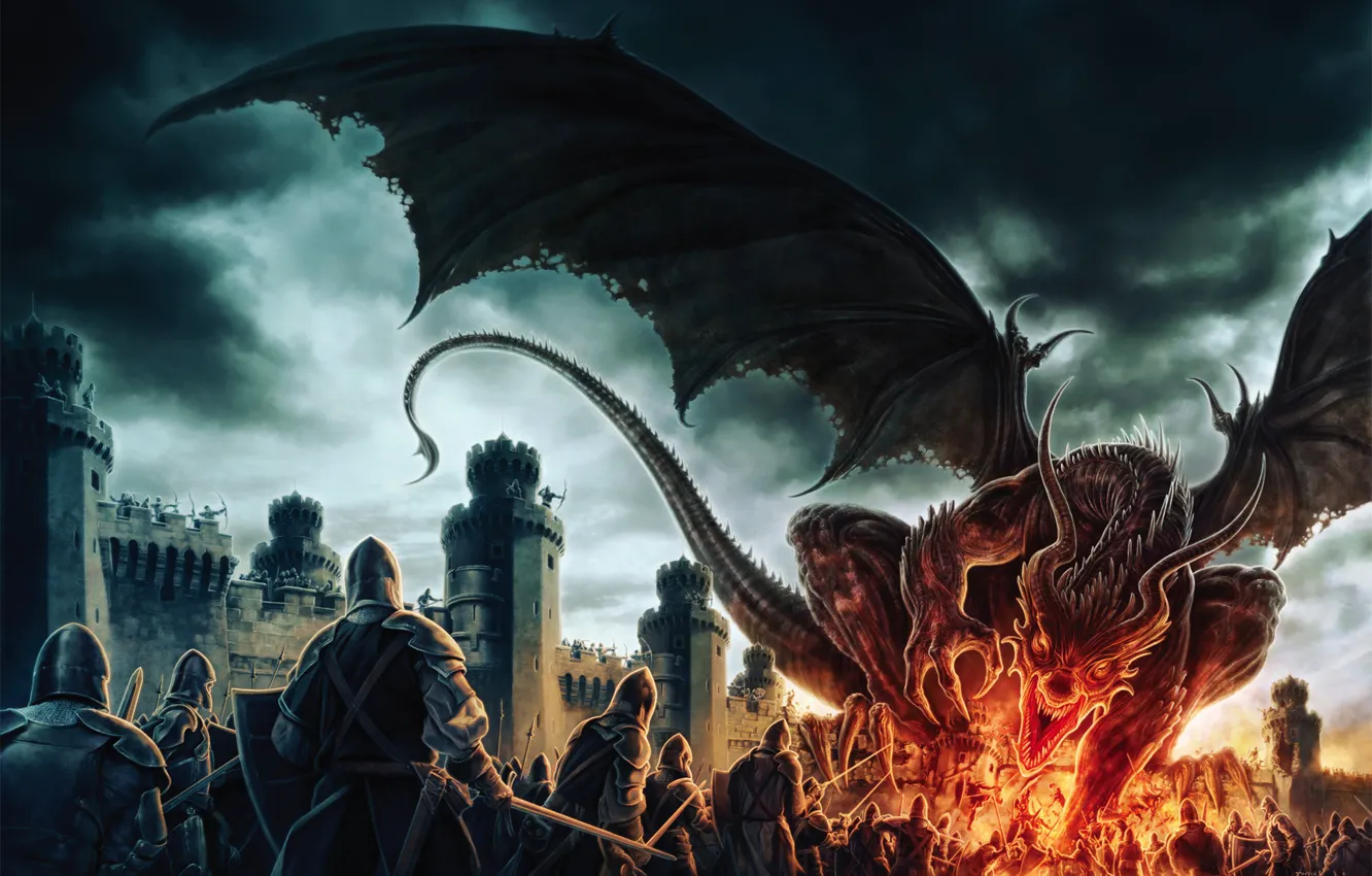 Фото обои пламя, дракон, доспехи, битва, крепость, Арт, воины, by Koveck