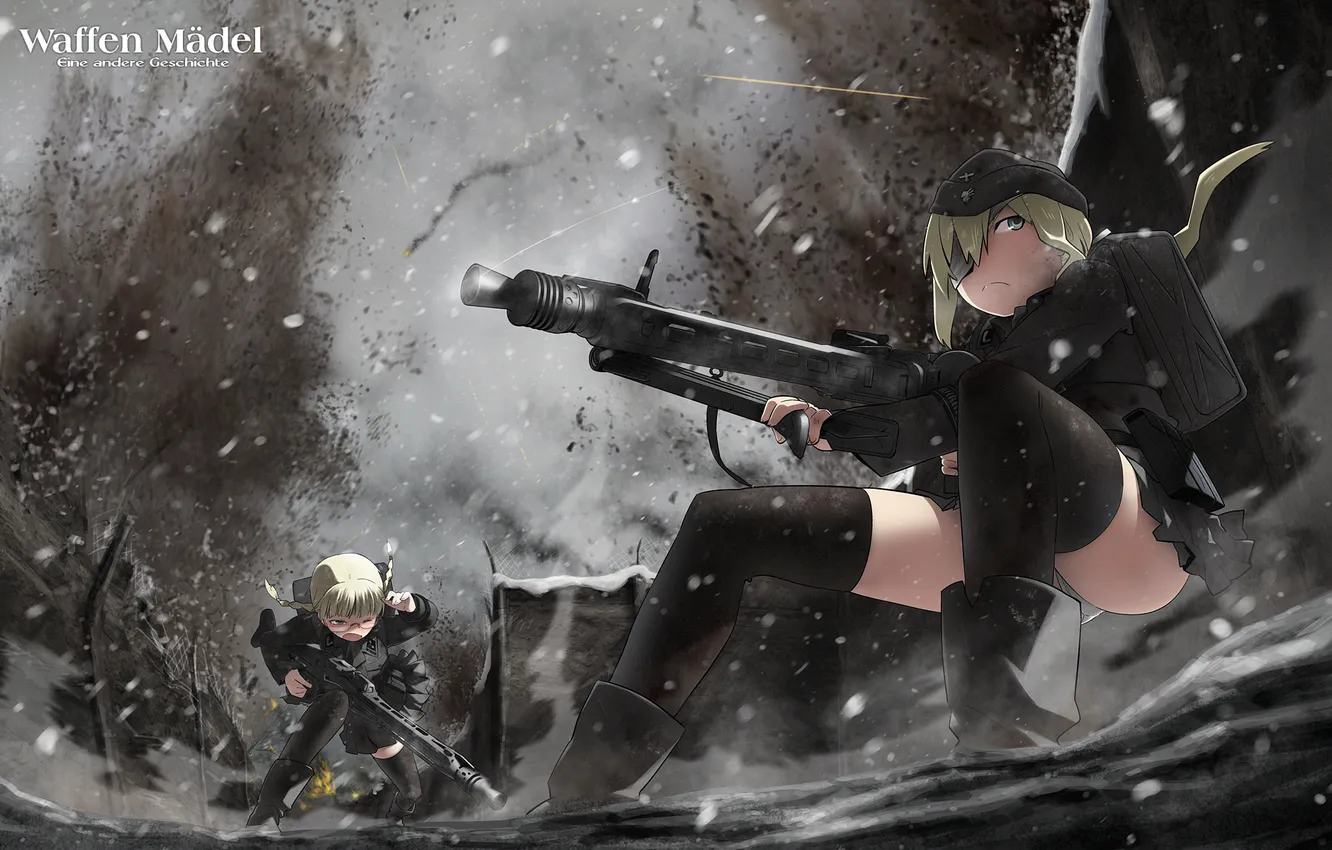 Фото обои снег, оружие, девочки, дым, бой, битва, пулемёты, окоп