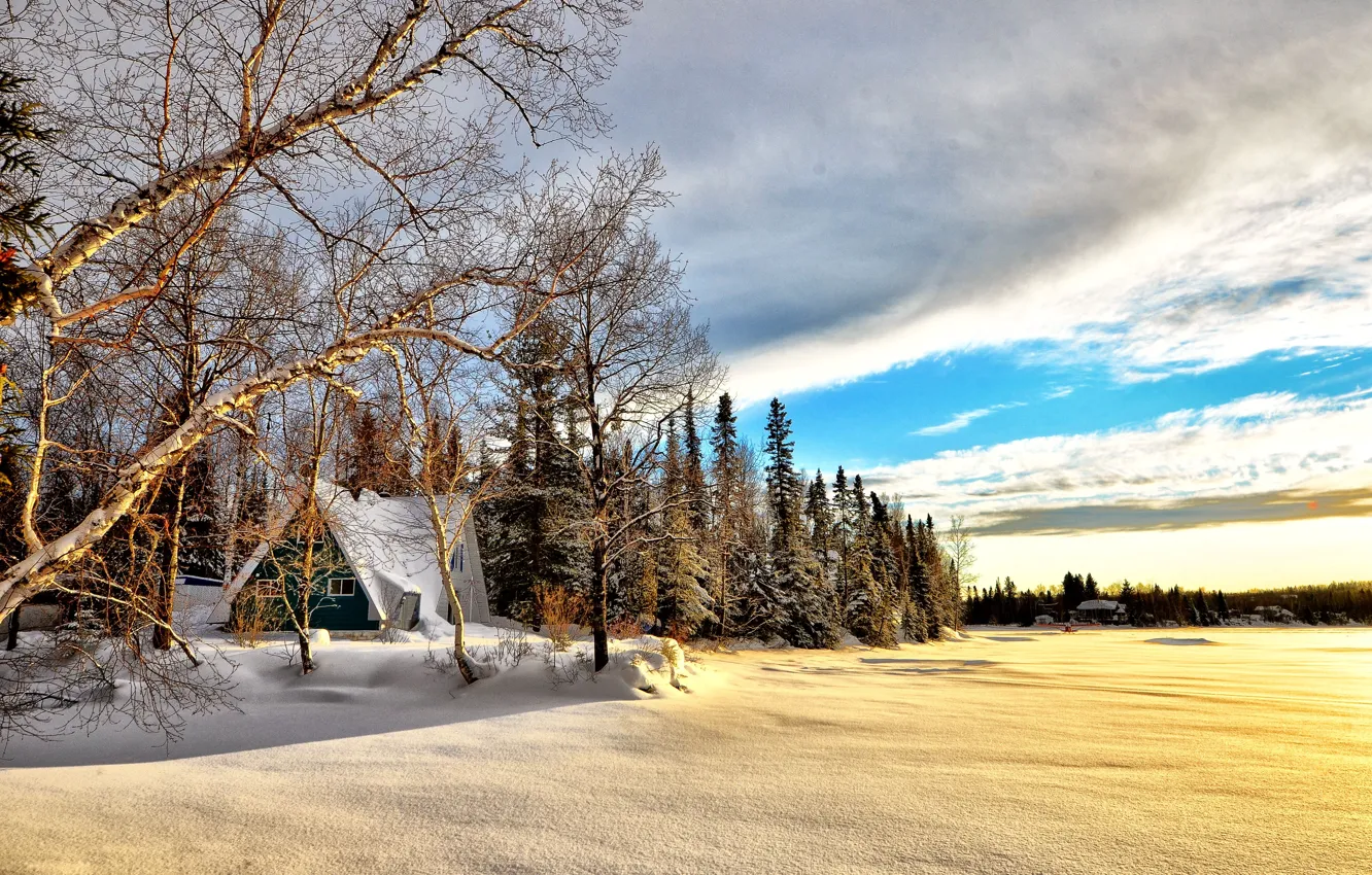 Фото обои Nature, Clouds, Canada, Winter, Water, Snow, Dawn, Blue sky