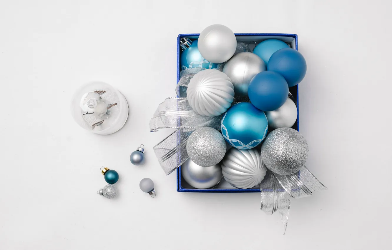 Фото обои шарики, праздник, коробка, голубые, Рождество, маленькие, Новый год, снеговик