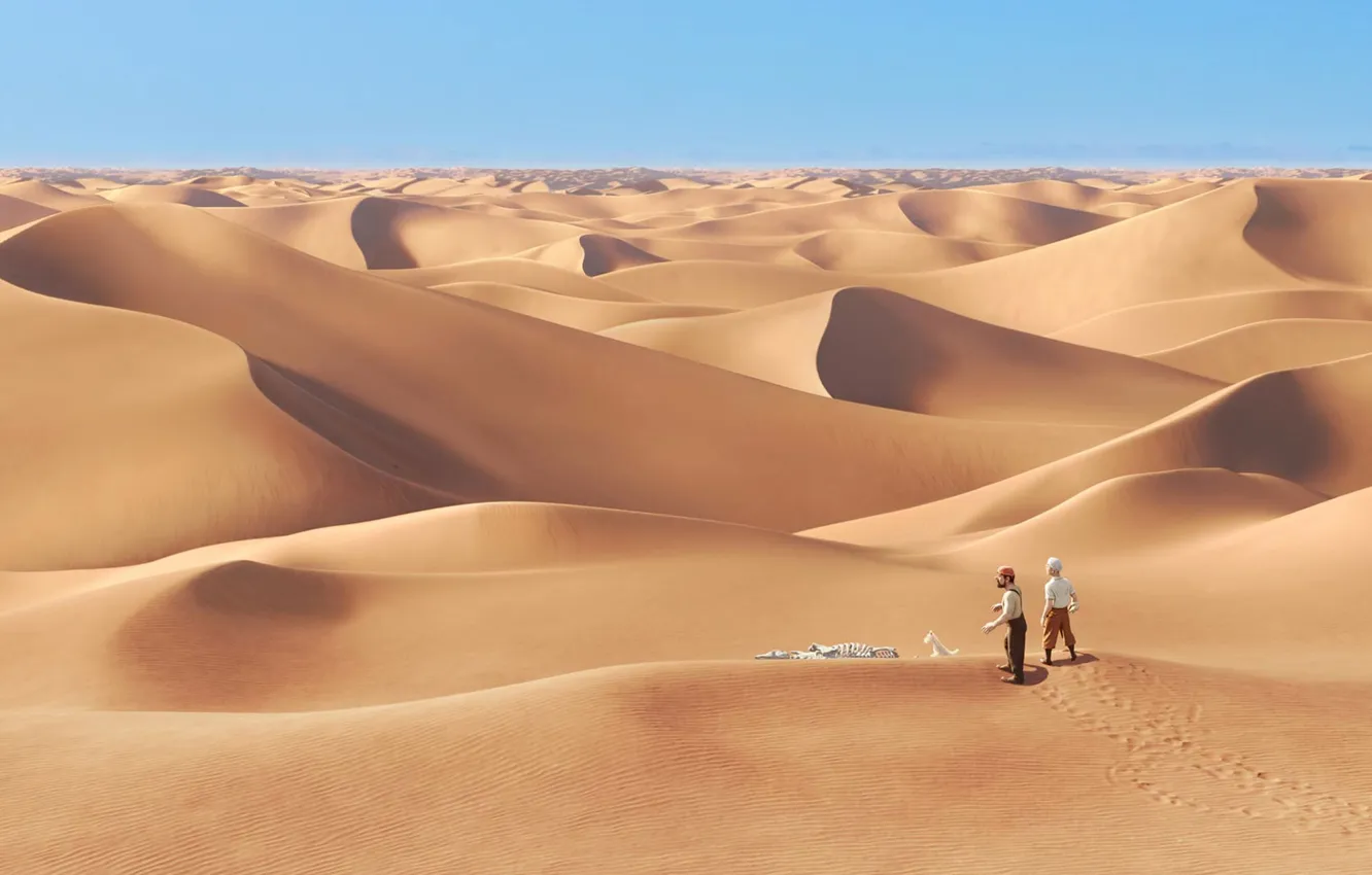 Фото обои песок, люди, пустыня, мультфильм, кости, заблудились, tintin the movie
