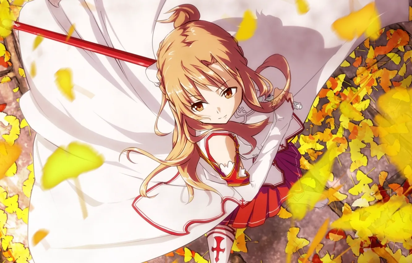 Фото обои белый, плащ, вид сверху, шпага, Sword Art Online, Asuna, Мастера Меча Онлайн, жёлтые листья