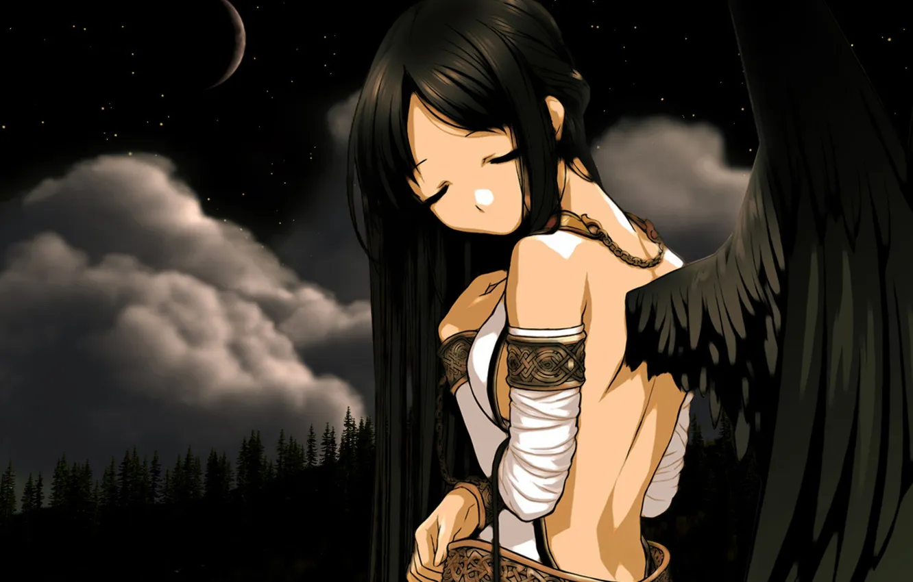 Фото обои грусть, лес, девушка, ночь, настроение, луна, крылья, аниме