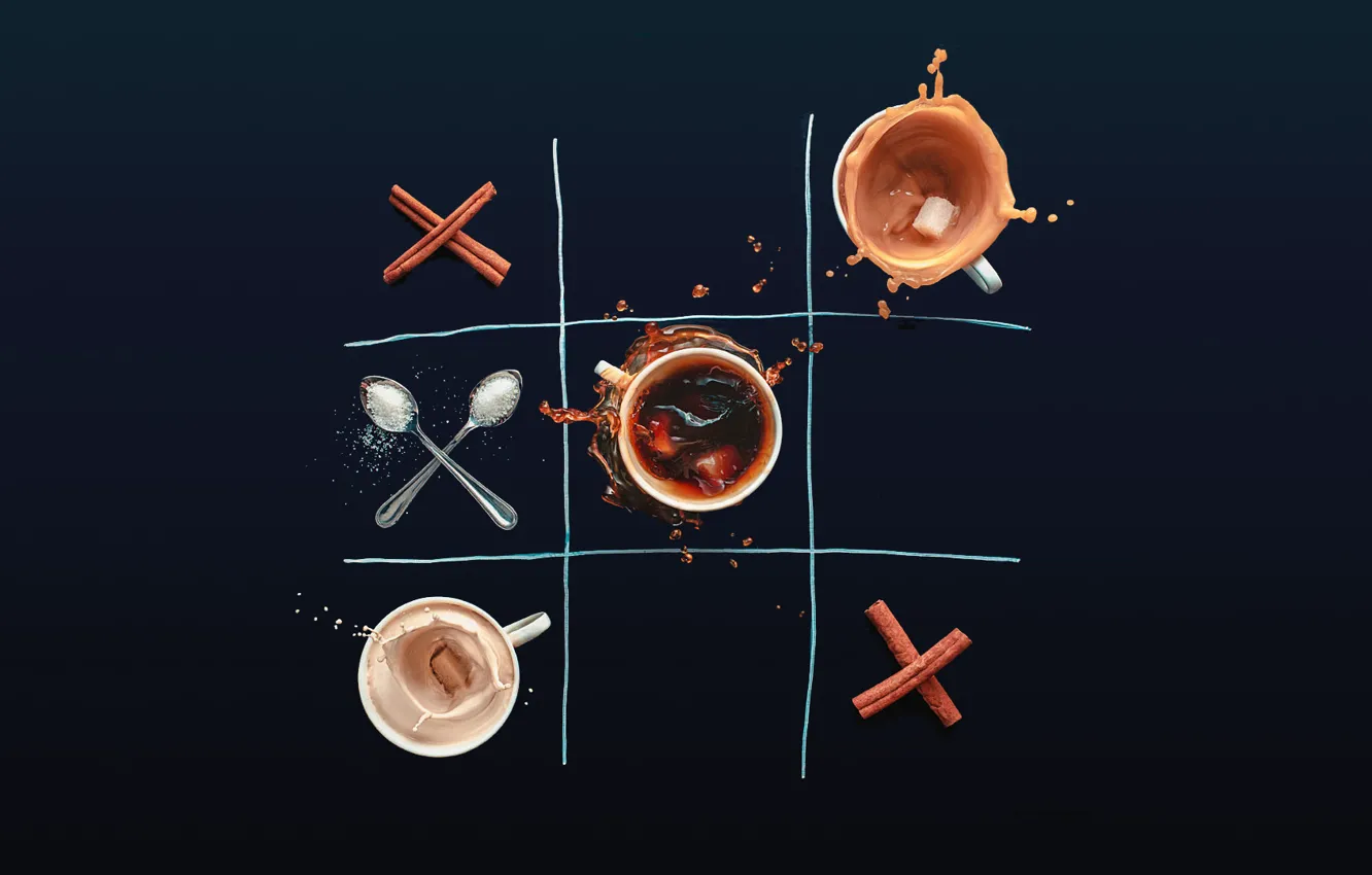 Фото обои игра, кофе, чашки, сахар, корица, нолики, крестики, ложки