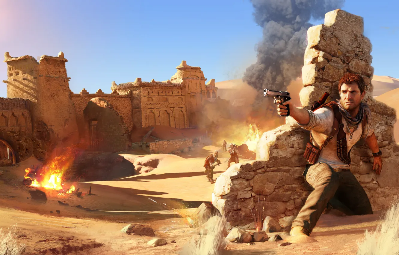 Фото обои пустыня, солдаты, руины, Nathan Drake, Uncharted 3: Drake's Deception
