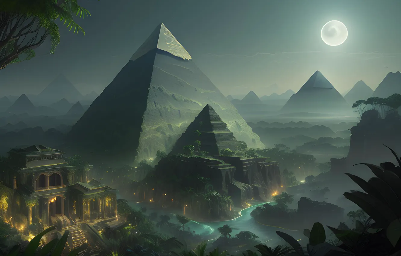 Фото обои лес, ночь, туман, река, луна, джунгли, пирамида