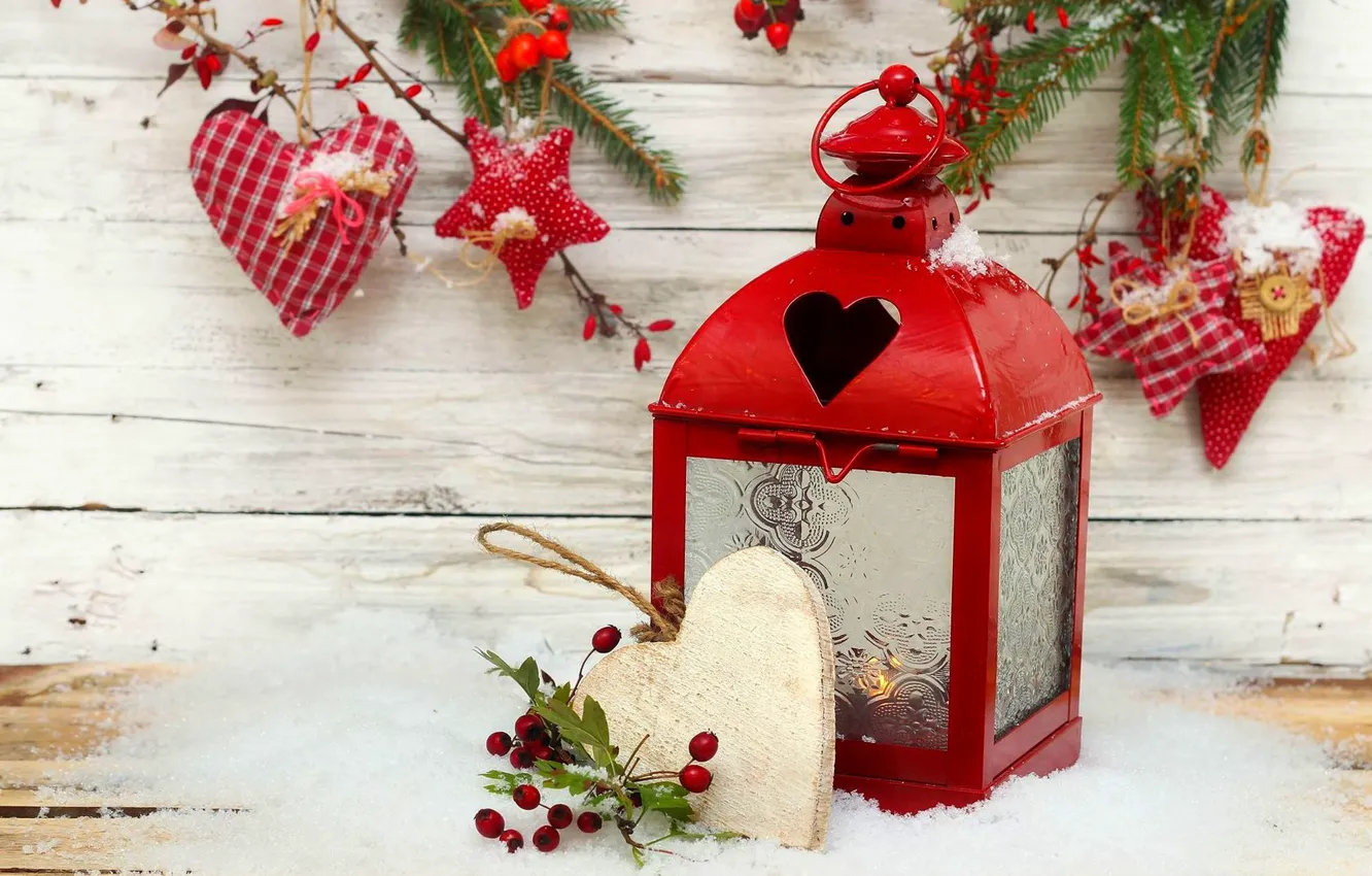 Фото обои зима, снег, праздник, сердце, звезда, свечи, Рождество, фонарь