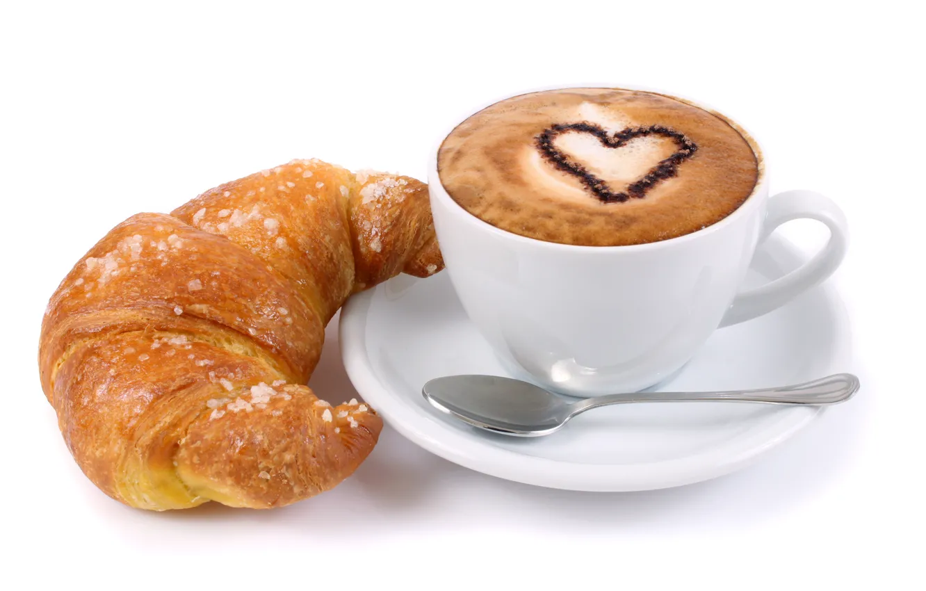 Фото обои завтрак, ложка, чашка, белый фон, напиток, сердечко, капучино, блюдце