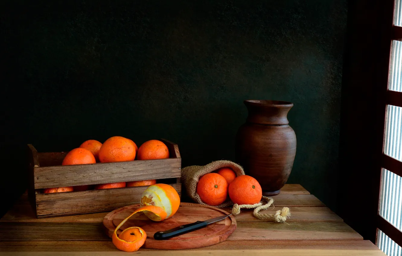 Фото обои апельсины, нож, кувшин, витамины, кожура, полезная еда