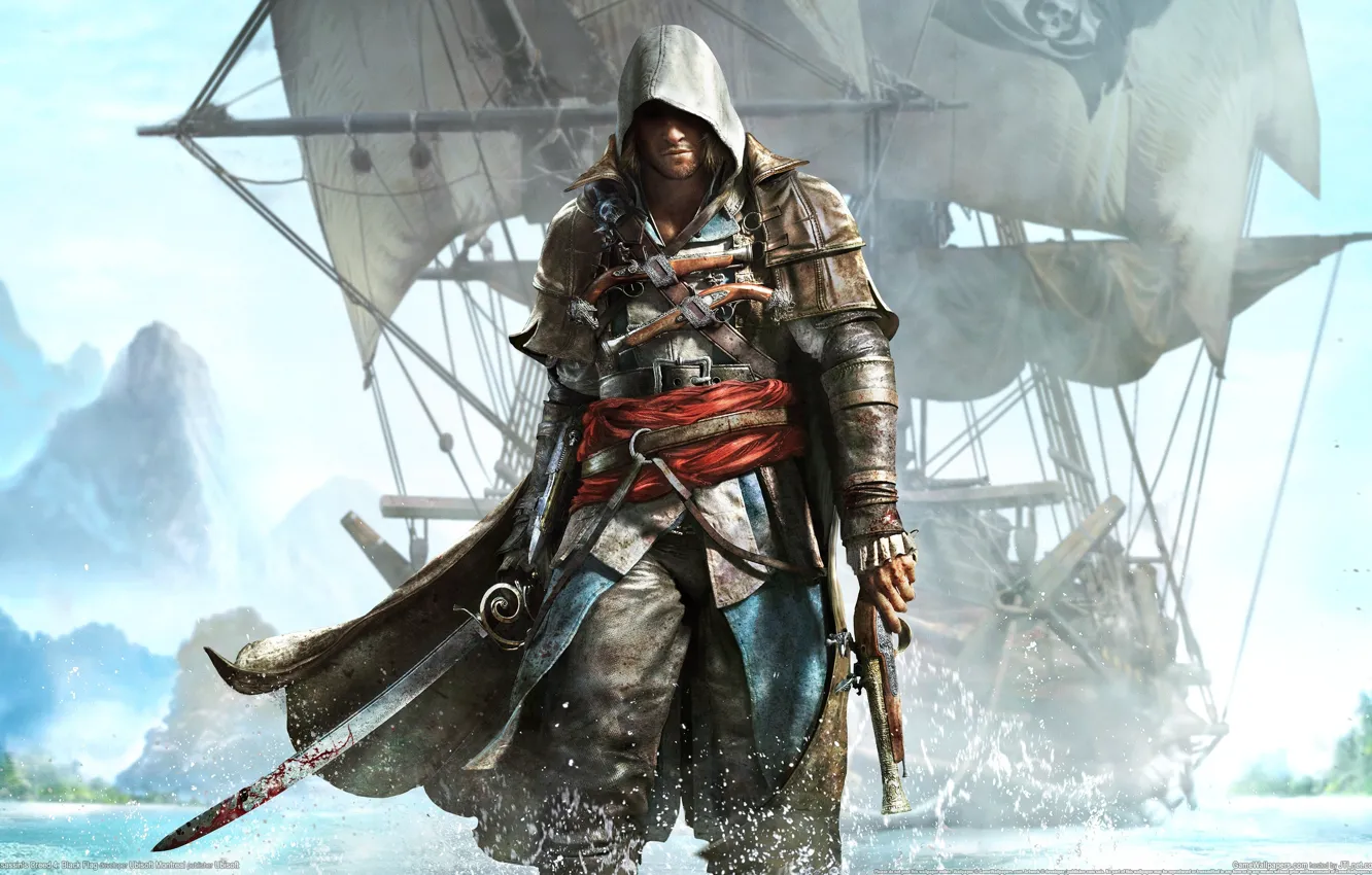 Фото обои Вода, Остров, Корабль, Побережье, Assassin's Creed 4, Black Flag