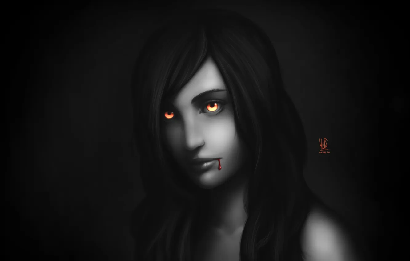 Фото обои глаза, девушка, кровь, арт, вампир, монохромное