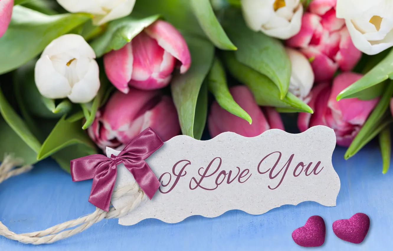 Фото обои любовь, букет, сердечки, тюльпаны, I love you, flowers, romantic, hearts