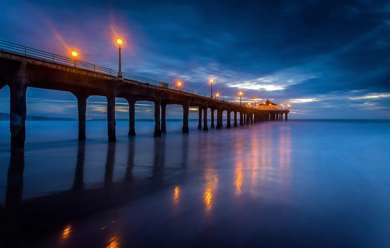 Фото обои пляж, ночь, огни, берег, вечер, Калифорния, пирс, США