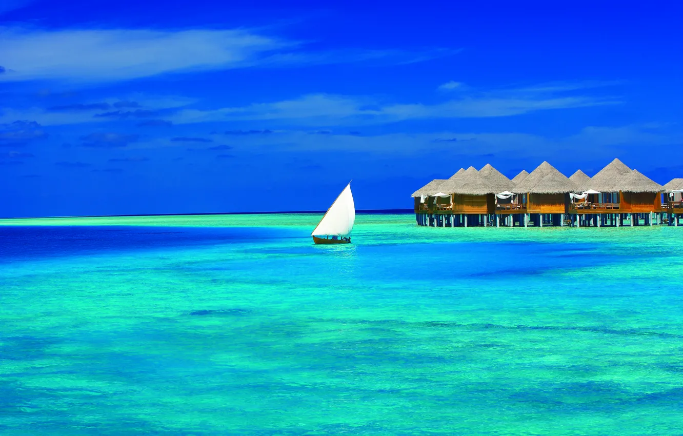 Фото обои ocean, boat, resort, bungalow, fantastic Maldives