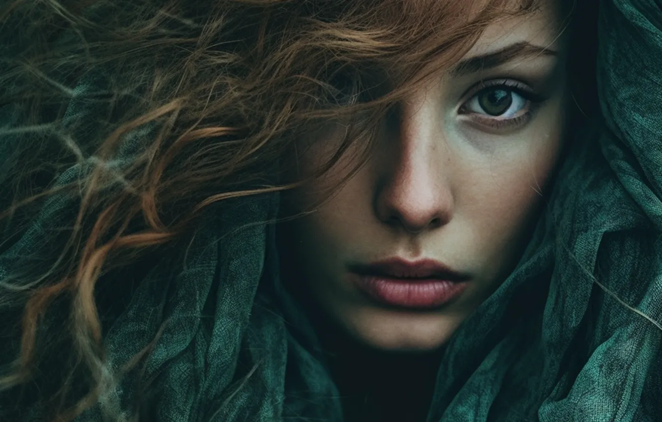 Фото обои девушка, зеленый, портрет, ткань, рыжая, платок, цифровое искусство, ИИ-арт