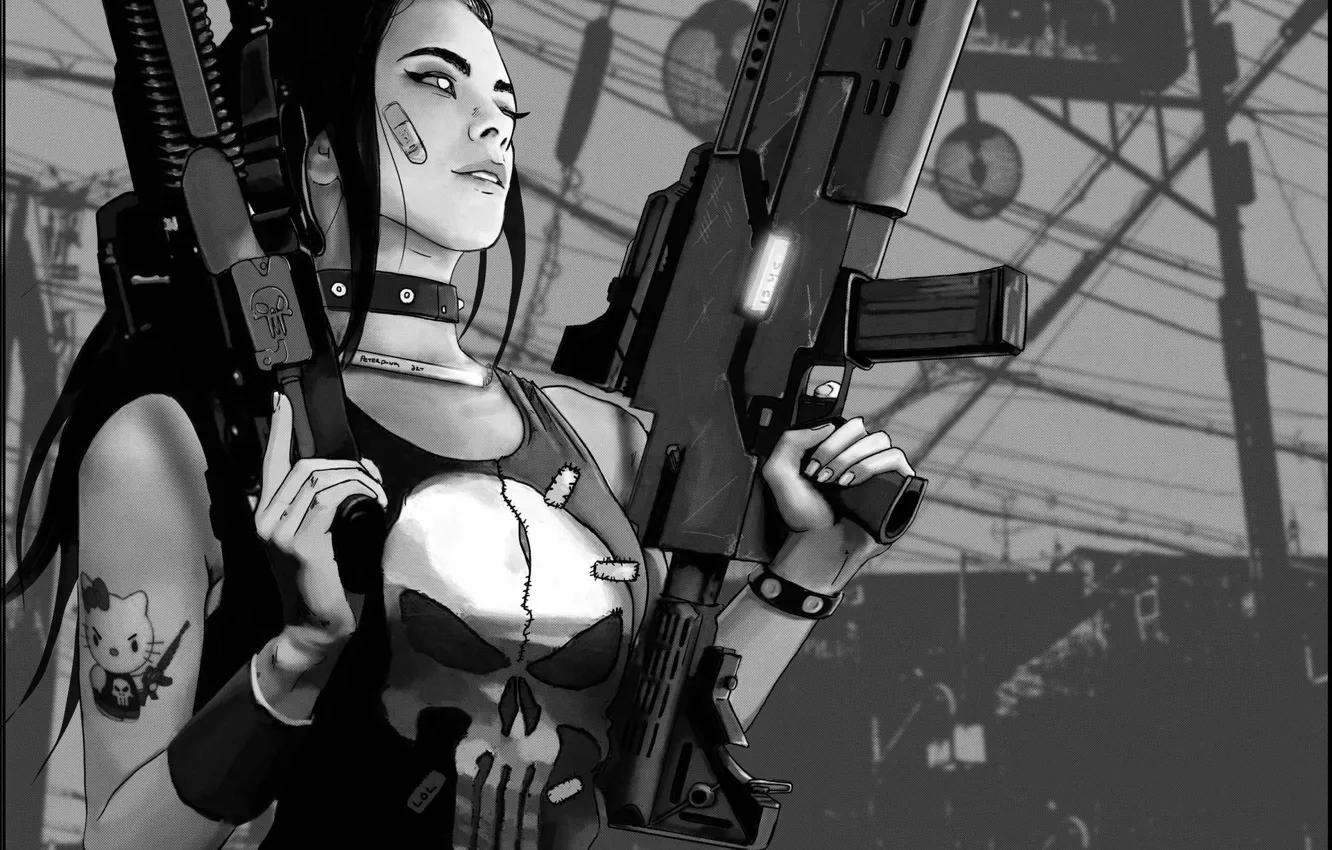 Фото обои девушка, оружие, каратель, Punicher, Petri Rahkola