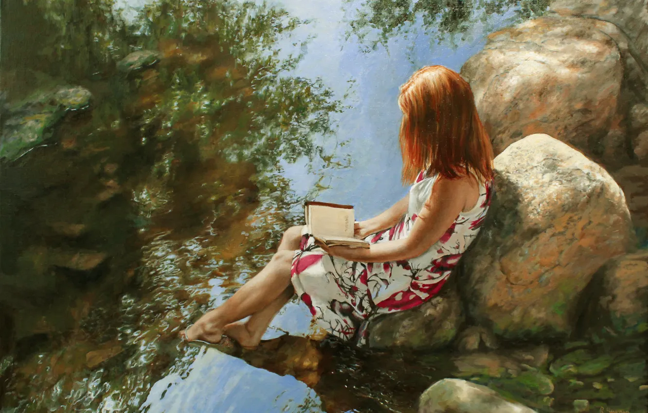 Фото обои девушка, камни, платье, книга, речка, живопись, читает, Ralf Heynen