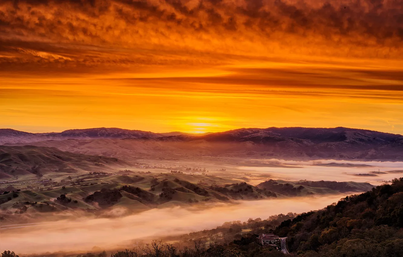 Фото обои California, Sunrise, Rolling Hills, Tri-Valley, Low Fog