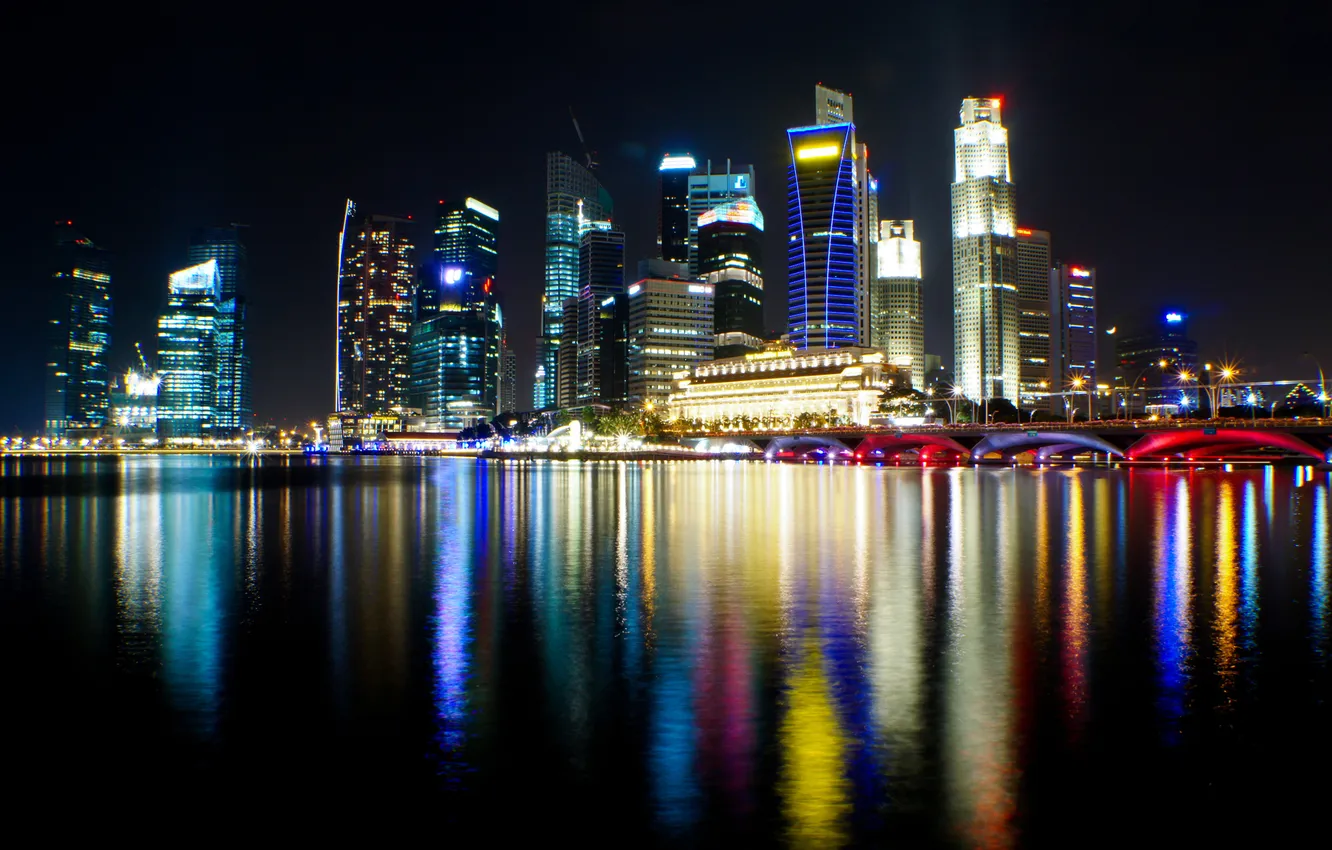Фото обои ночь, город, огни, сингапур