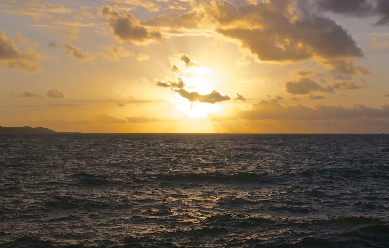 Фото обои море, солнце, облака, закат, горизонт