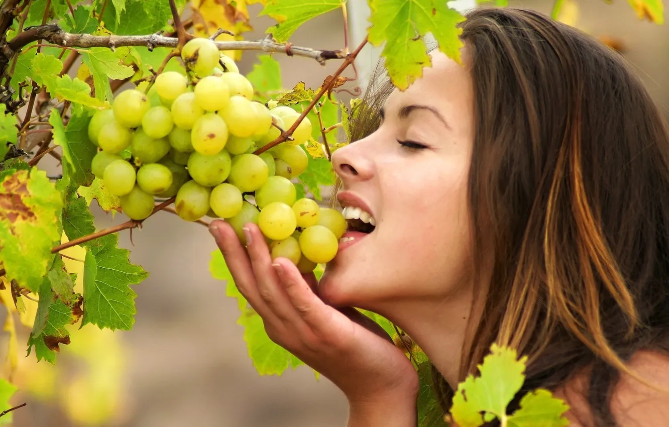 Фото обои листья, девушка, лицо, волосы, виноград