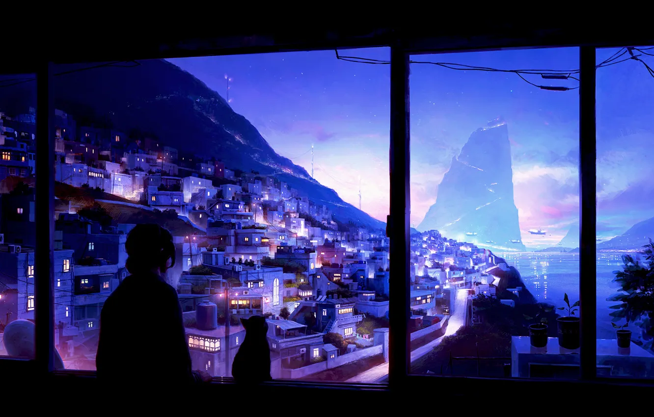 Фото обои кошка, девушка, город, корабль, окно, фэнтези