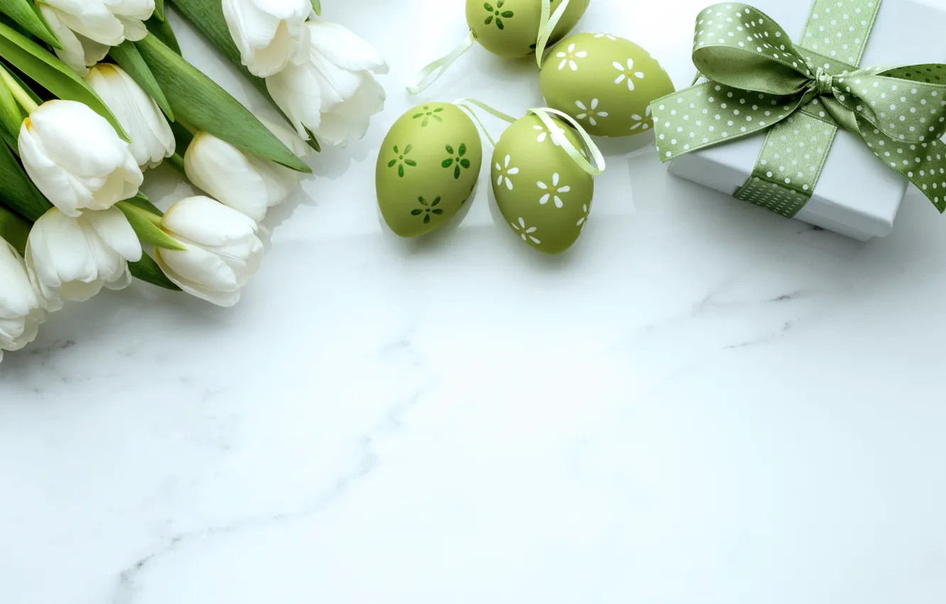 Фото обои подарок, Пасха, тюльпаны, белые, gift, Easter, Tulips, Eggs