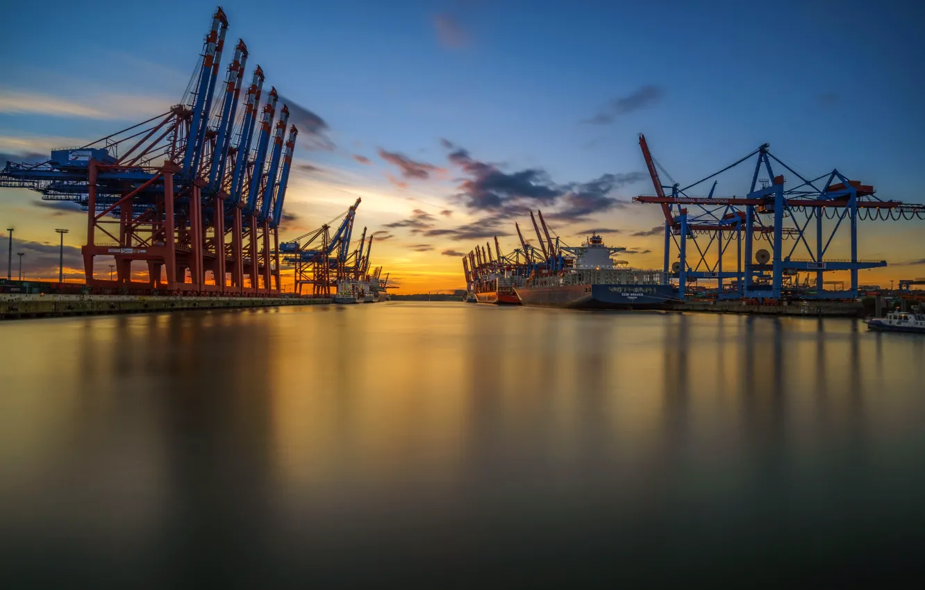 Фото обои закат, порт, Hamburg
