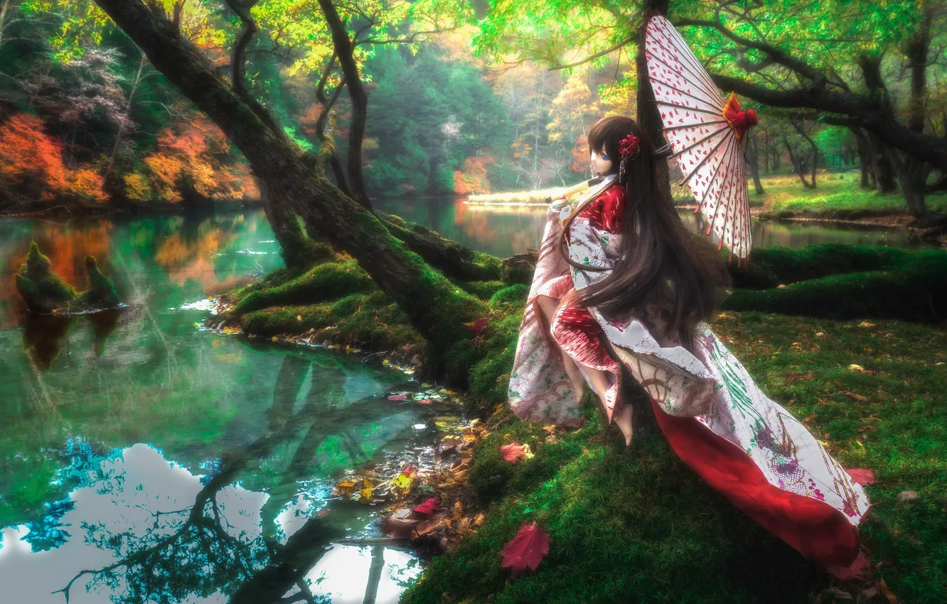 Фото обои девушка, деревья, река, зонтик, волосы, кукла, наряд, азиатка
