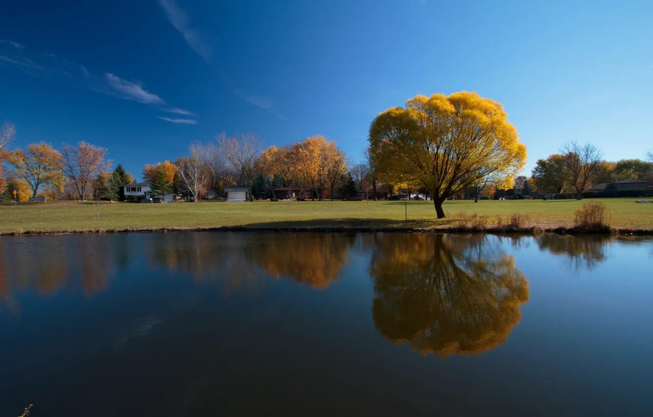 Фото обои осень, небо, отражение, река, дерево